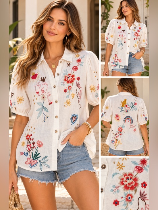 Johnny Was Tops - Johnny Was 100% Linen Embroidered Puff Sleeve Button Top White Size M